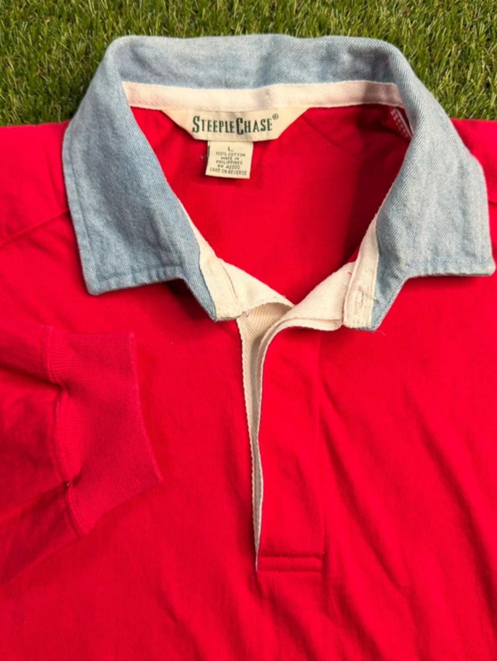Vtg SteepleChase Rugby Polo Men’s Large Red Denim Collar Preppy Y2K